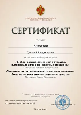 Сертификат Федеральной палаты адвокатов РФ о повышении квалификации адвоката Колонтая Д. В. — 19