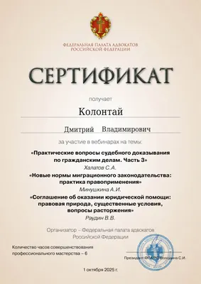 Сертификат Федеральной палаты адвокатов РФ о повышении квалификации адвоката Колонтая Д. В. — 8