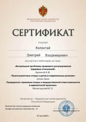 Сертификат Федеральной палаты адвокатов РФ о повышении квалификации адвоката Колонтая Д. В. — 4